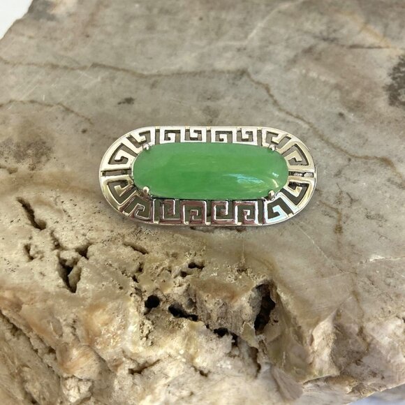 Sterling Silver 925 Oval Green Stone Greek Key Cut Out Brooch - Picture 7 of 16